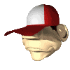 Animated sequence of a stylized head wearing a red and white cap, showing mouth and tongue movements against a gray background.