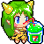Pixel art character with green hair and yellow horns holds a green Slurpee cup, displaying multiple facial expressions including closed eyes, red cheeks, and open mouth.