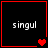 Four black square with red borders display the text 'singul' and varying heart symbols in a
