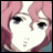 Pixelated anime-style character with pink hair and large eyes, next to stylized text on a black background.