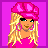 Pixel art of a blonde character in pink attire with multiple views including full body, close-ups, and text
