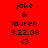 Red background with repeated text 'jake & lauren 3.22.08 <3' in black pixelated font across three
