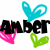 Pixelated text "AMBER" with colored heart shapes above and below, displayed in two side-by-side variations on a white background.