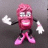 Pixelated pink cartoon character with wide eyes and a broad smile, arms outstretched in a dancing pose against a gray background.