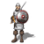 A medieval soldier in silver armor with brown boots and knee pads stands holding a round shield and sword, shown across nine sequential poses.