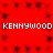 Red background with repeating black star-like patterns and two horizontal of white pixelated text reading "KENNYWOOD"