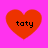 Four red heart shapes on a bright pink background, each containing the text 'taty' in black pixelated font.