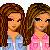 Pixel art image showing two female figures with long brown hair, wearing blue and pink tops, with text below reading Mini Skirts Thatz Us Perfect Short The.. Pearls Tops.