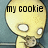 Two side-by-side pixelated yellow figures with white eyes, one holding a cookie and the other gesturing away.