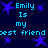 Blue pixelated text on dark blue background with purple stars, repeating 'Emily Is my best friend' in two