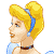 Pixelated profile of a character with blonde hair tied with blue ribbon, light blue dress, and brown choker, facing left on white background.