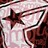 Pixelated image of a stylized character with dark red and black accents on a light pink background, featuring angular shapes and sharp lines.