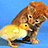 A pixelated image shows a brown cat and yellow duckling on blue background with green text overlays reading "Hey my baby Back to go!" and "I Love You!" in purple font.