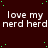 Dark red background with repeated white text 'love my nerd herd' and scattered green dots, partially cropped on the right.