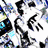 Pixelated static image with black abstract shapes on white background, scattered blue and gray accents.