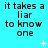 Cyan background with repeated text "it takes a liar to know one" in black pixelated font, animated white sparkles appear and disappear across the
