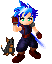 Pixel art character with blue spiky hair and green eyes, wearing dark clothing and brown boots, holding a sword-like object, accompanied by a small dog.