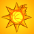 A green dragon-like creature with large eyes and a wide grin appears in the top-right and bottom-left corners of a of four sun icons on an orange background