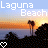 A 4x4 contact sheet of animated frames showing a beach sunset scene with palm trees, silhouetted hills, and text reading "Laguna Beach" in various font styles over time.