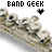 Pixelated image with 'BAND GEEK' text above a row of pixel-art band members holding instruments, next to a black heart symbol.