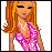 Pixelated character with long orange hair in a pink dress and silver necklace, showing eye color variations across frames.