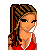 A 4x4 contact sheet of pixel art frames showing a cartoon woman in red clothing with braided hair, black pants, and white sneakers, surrounded by red hearts on alternating black and white backgrounds with text fragments.