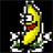 Pixelated yellow cartoon character with wide eyes, red mouth, and green lower body against black background.