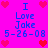 Pixelated icon with bright pink background, red heart symbols at corners and center, blue text reading "I Love Jake 5-26-08" repeated twice.