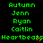 Green text on black background displays repeated names and 'Heartbeats' with orange heart symbols, arranged in a pattern