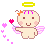 Pixel art contact sheet of six animated frames showing a cartoon angel character with pink wings, yellow halo, and heart-shaped wand against gray background.