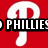 A red and white 'P' logo with black text reading 'PHILLIES' appears in two vertical , one featuring a blue diamond-shaped emblem with a horse silhouette