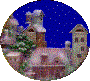 Circular winter scene with snow-covered buildings, a green tree, and blue starry sky; four variations show different building positions.