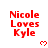 Red pixelated text 'Nicole Loves Kyle' with small red heart symbols on white background, showing animation frames with heart symbols changing from solid to outlined states.