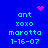 Blue background with cyan text and pink pixel art elements showing 'ant xoxo marotta 1-16-07' in two , animated heart and starburst effects