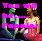 Pixelated image of two figures with one holding a guitar, surrounded by pink and green geometric shapes on dark background.