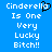 Blue background with white pixelated text reading "Cinderella Is One Very Lucky Bitch!!" and a black heart symbol replacing the 'o' in Cinderella.