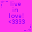 A static image with a bright pink background displays repeated text "live in love! <3333" in purple pixelated font, each instance accompanied by small star and dot patterns.