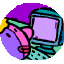 Animated sequence of a cartoon character with a teal and purple computer against a purple starry background, showing movement of the character's arm and screen color changes.