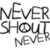 Black and white pixelated text repeats 'NEVER SHOUT' with smaller 'NEVER' below, arranged in overlapping layers on a light background.