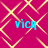 A static image with a repeating geometric pattern of yellow lines on a magenta background, featuring four instances of the text "vick" in cyan.