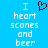 Blue background with white pixelated text reading "I heart scones and beer" and a black pixelated heart symbol above the word "heart", displayed in two identical side-by-side