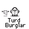 Animated contact sheet of 19 frames showing a pixel art character named Turd Burglar in various poses and interactions with speech bubbles, including standing, holding objects, and reacting to text prompts.