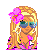 Pixelated character with blonde hair, pink flower accessory, blue sunglasses, and striped top; adjacent pixel art of torso in pink stripes and jeans; two dark blue cone shapes on right.