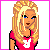 Pixel art contact sheet of a blonde female character in red top with white logo, displaying text phrases across six frames on pink-bordered grid background.