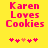 Yellow background with pink pixelated text 'Karen Loves Cookies' and five pink star icons below, one of which is orange.