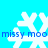 Pixelated white snowflakes on cyan background with blue text "missy moo" repeated across four quadrants.