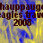 Pixelated text and color blocks with repeated 'hauppauge eagles travel 2008' text over blue and yellow background, partially obscured by gray overlay.