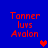 Blue background with red pixelated text "Tanner luvS Avalon" and four heart icons in different positions across frames.