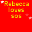 Red background with yellow text 'Rebecca loves sos' repeated in a , white and pink stars scattered across the image