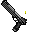 Pixelated gun icon in three states: idle, firing with muzzle flash, and reloading with ejected shell casing.